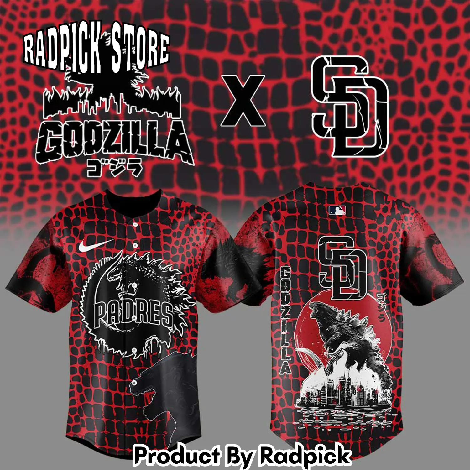 Radpick san diego padres x godzilla baseball jersey rp127162